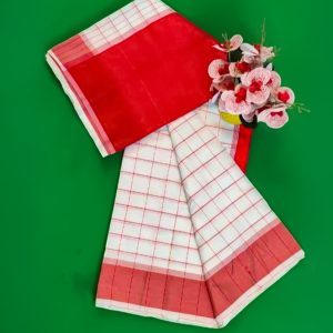 Red White Dhupian Saree with smooth fabric and premium finish