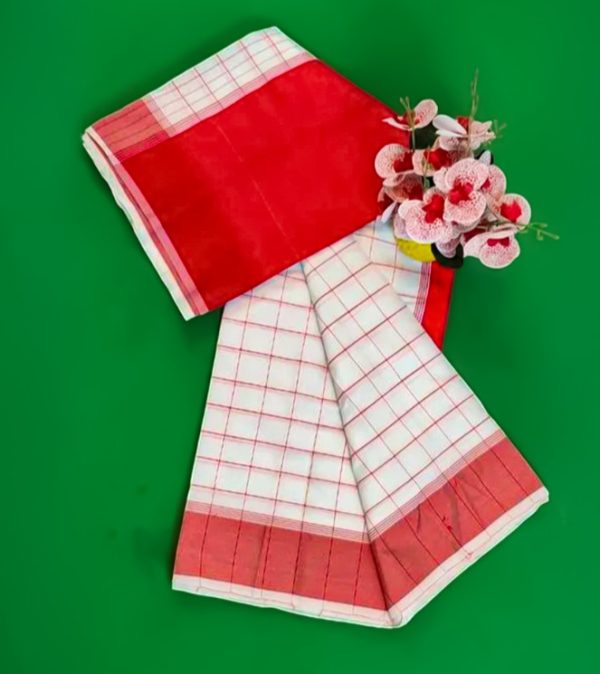 Red White Dhupian Saree with smooth fabric and premium finish